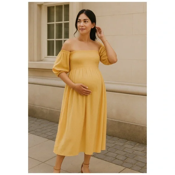 Hatch Elia Yellow Puff Sleeve Smocked Maternity Midi Dress Size L NWT - Picture 2 of 14